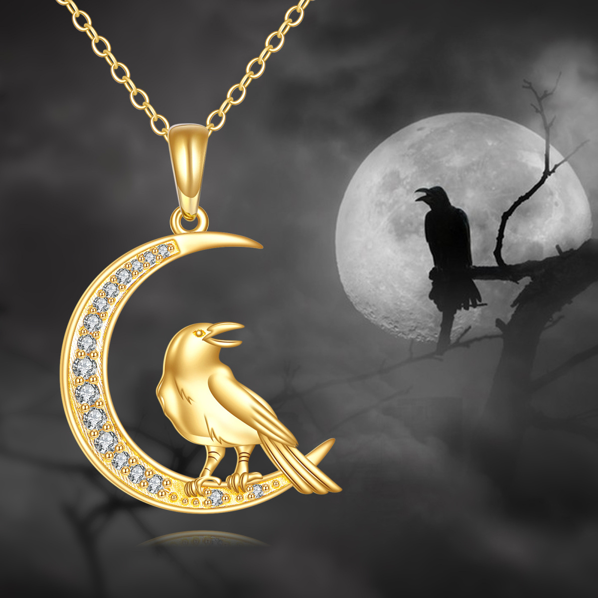 14K Gold Crow Cubic Zirconia Pendant Necklace-5