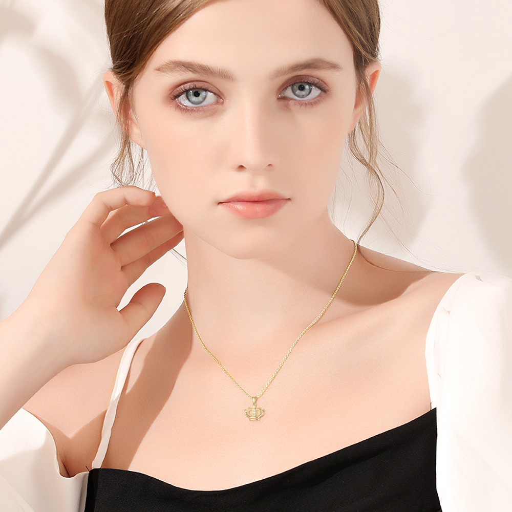 10K Gold Cubic Zirconia Crown Pendant Necklace-2