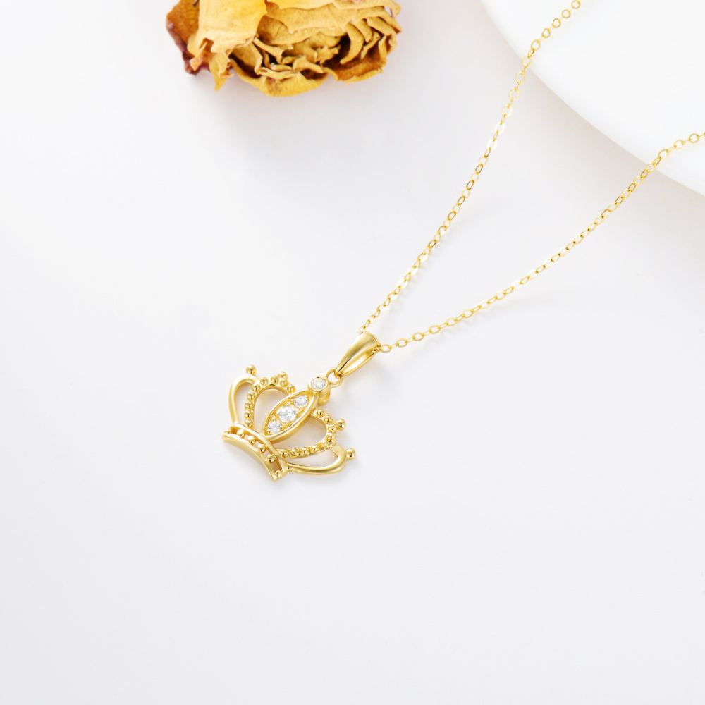 10K Gold Cubic Zirconia Crown Pendant Necklace-3