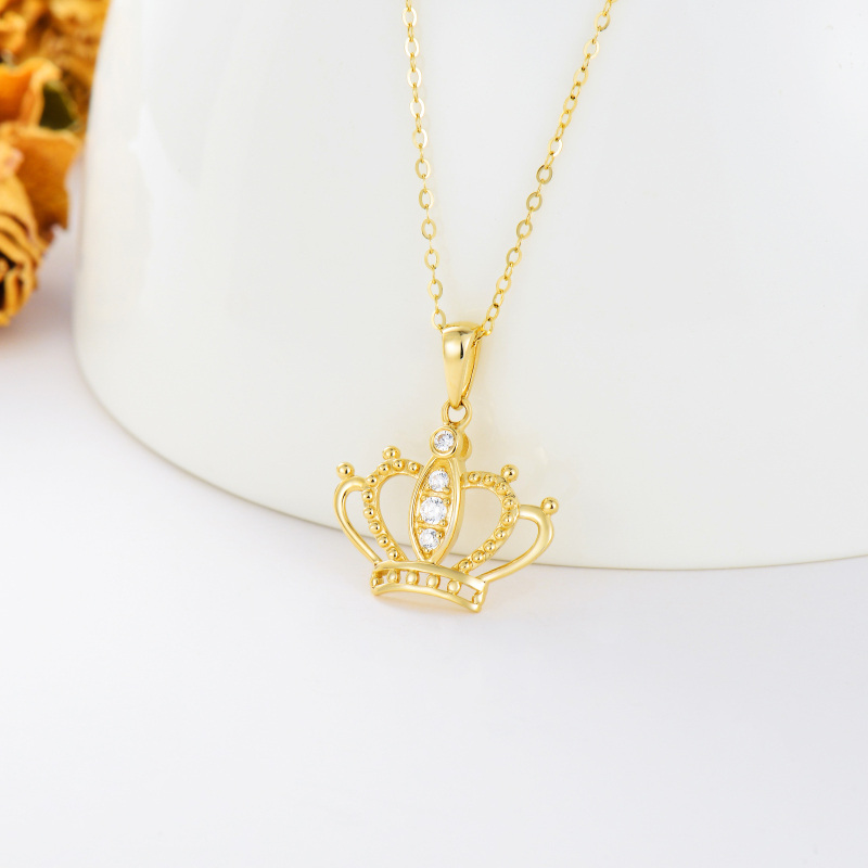 10K Gold Cubic Zirconia Crown Pendant Necklace-4
