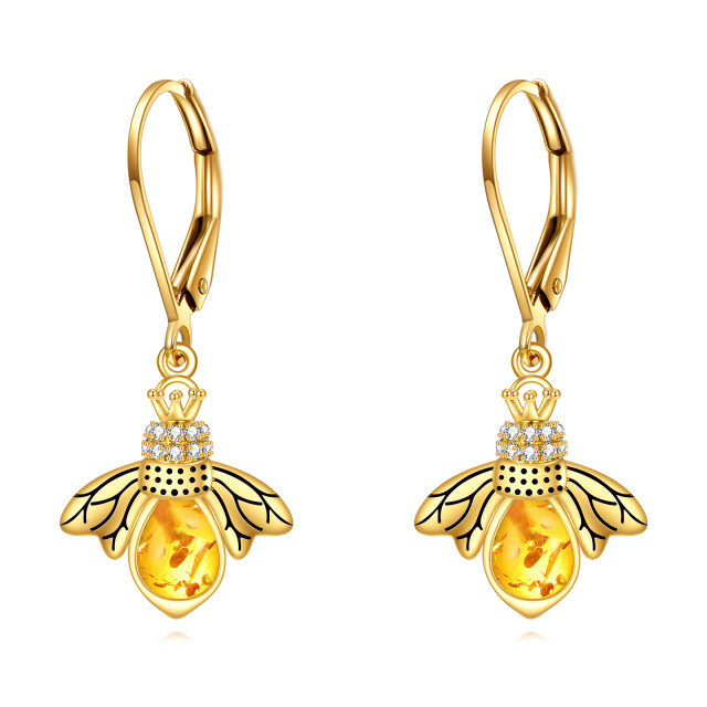 Boucles d'oreilles dormeuses en forme d'abeille en cristal et zircone cubique en or 14 carats