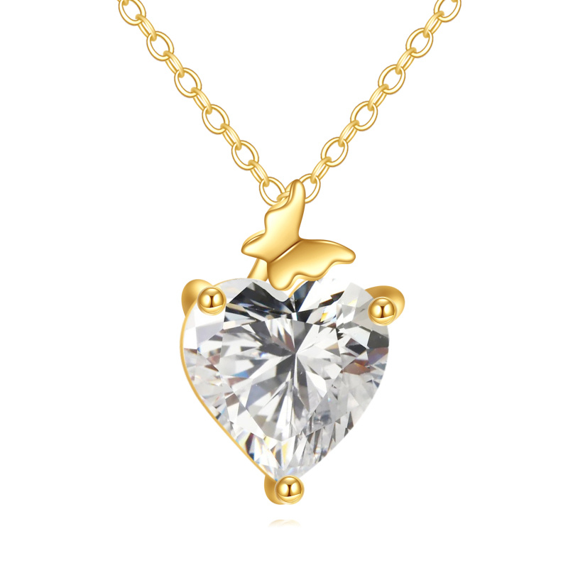 Collar colgante de oro de 14 quilates con mariposa y corazón de cristal-1