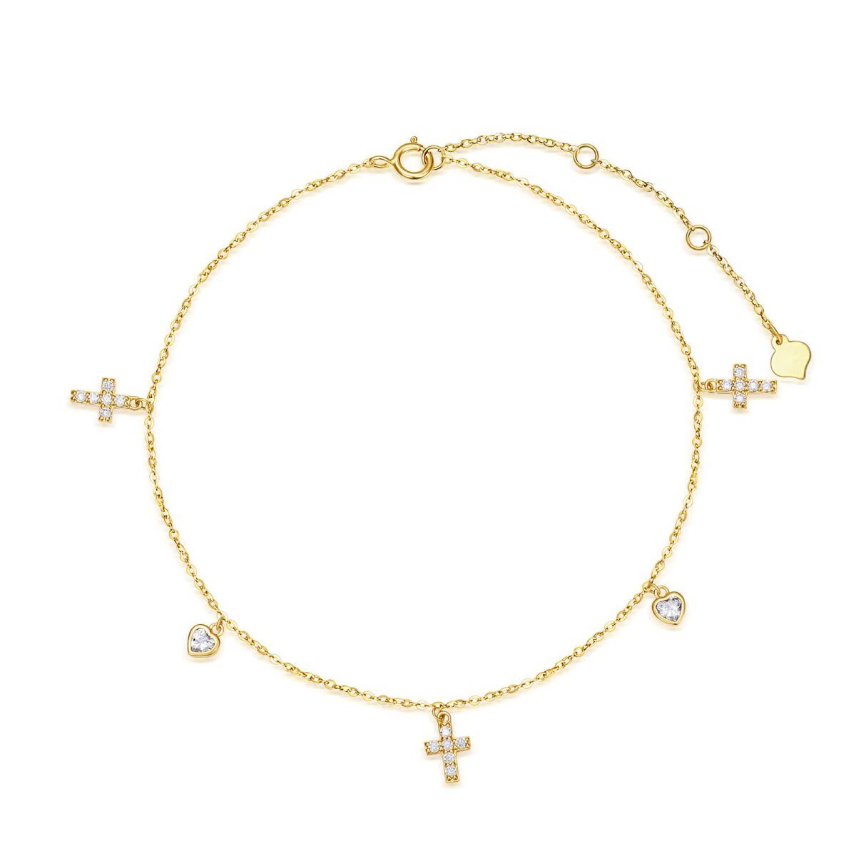 10K Gold Crystal Cross & Heart Single Layer Anklet-1