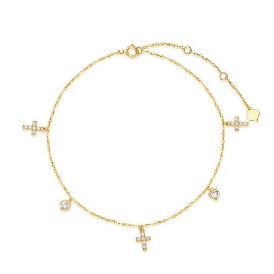 Fußkettchen mit Kreuz und Herz aus 14 Karat Gold und Kristallen, einlagig