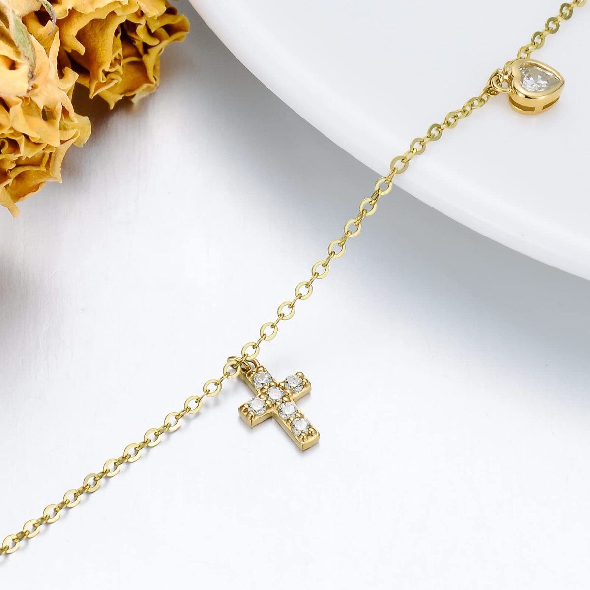 14K Gold Crystal Cross & Heart Single Layer Anklet-2