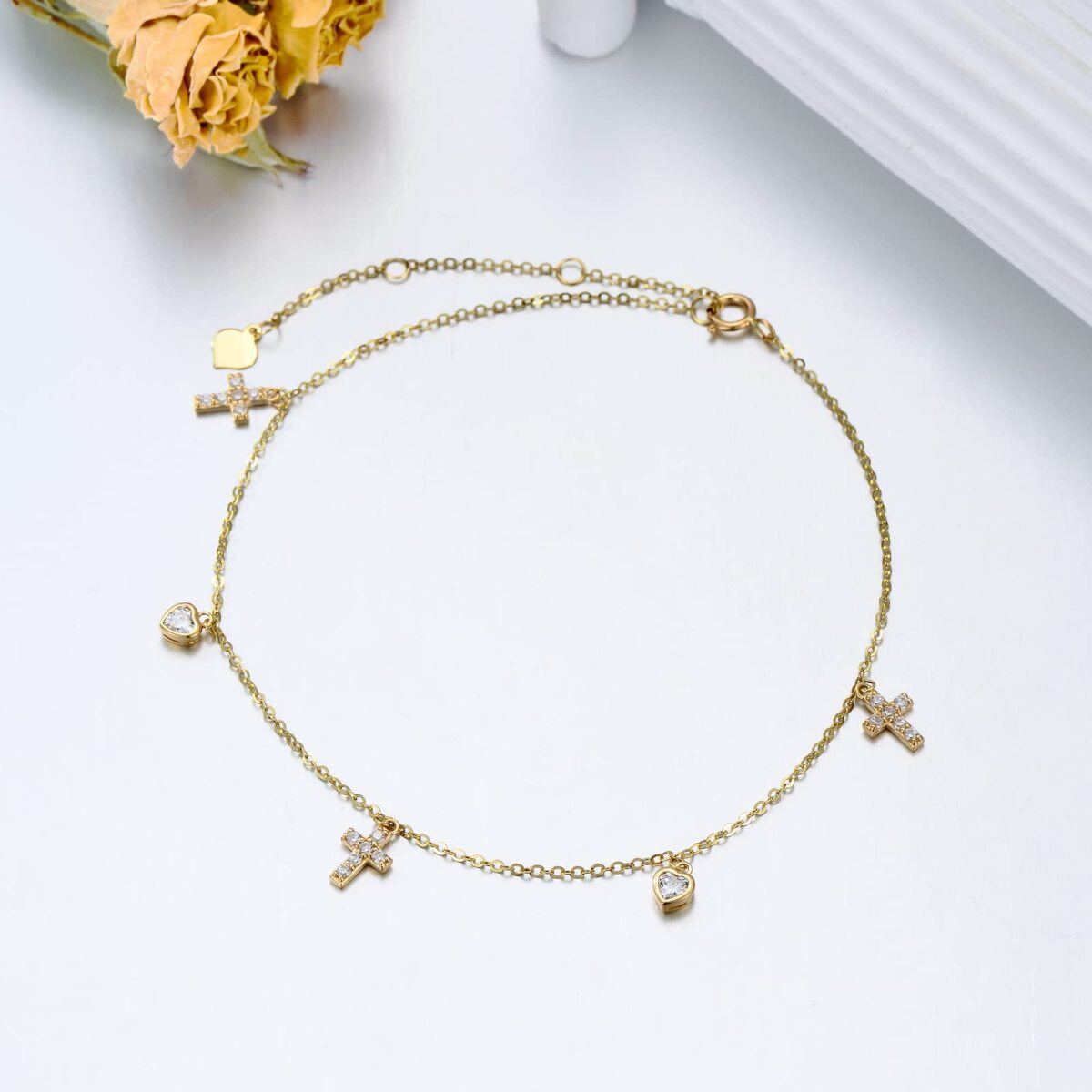 10K Gold Crystal Cross & Heart Single Layer Anklet-3