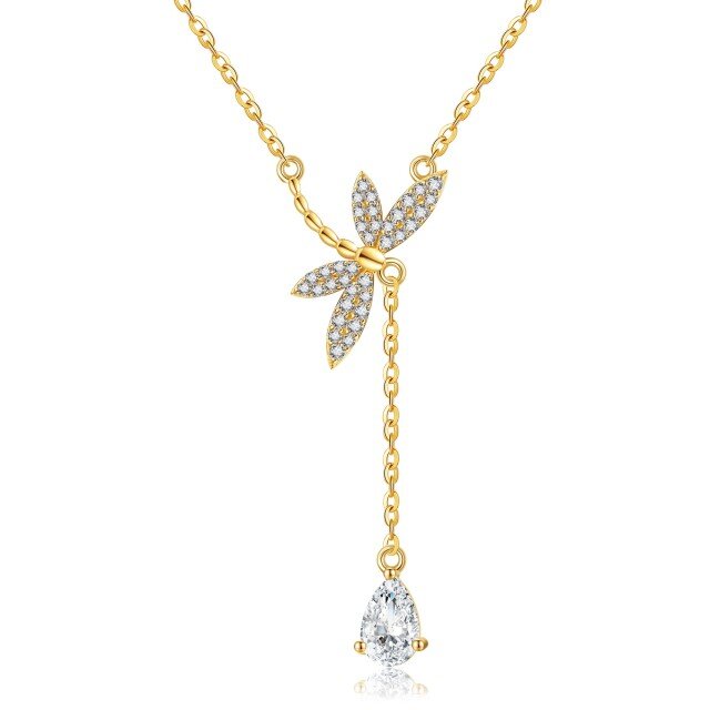 Collier en Y non réglable libellule en cristal d'or 14 carats-1