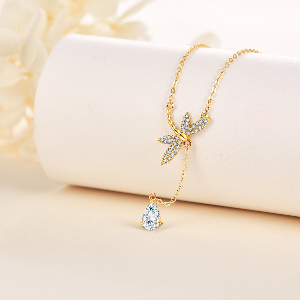 14K Gold Crystal Dragonfly Non-adjustable Y-Necklace-3