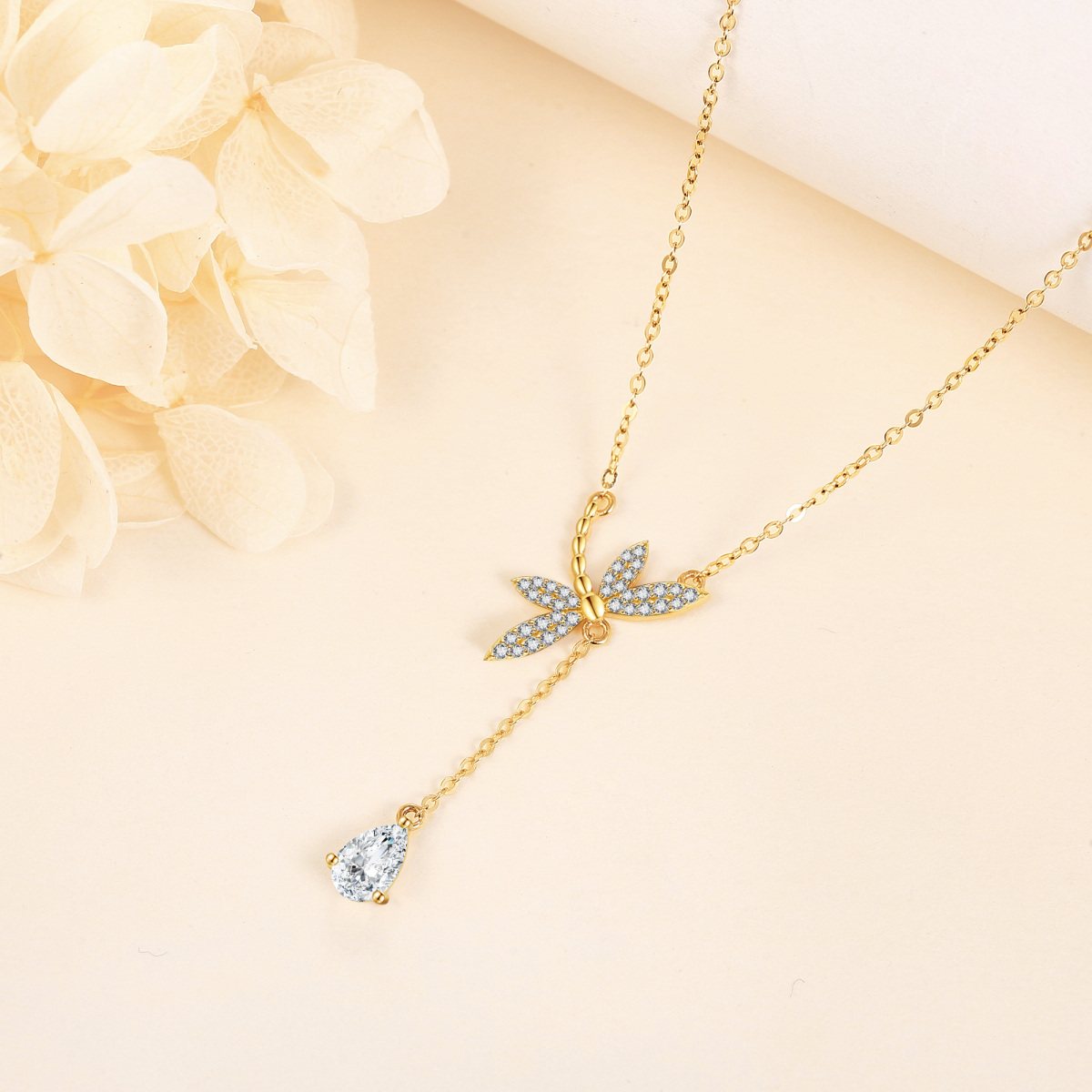 14K Gold Crystal Dragonfly Non-adjustable Y-Necklace-4