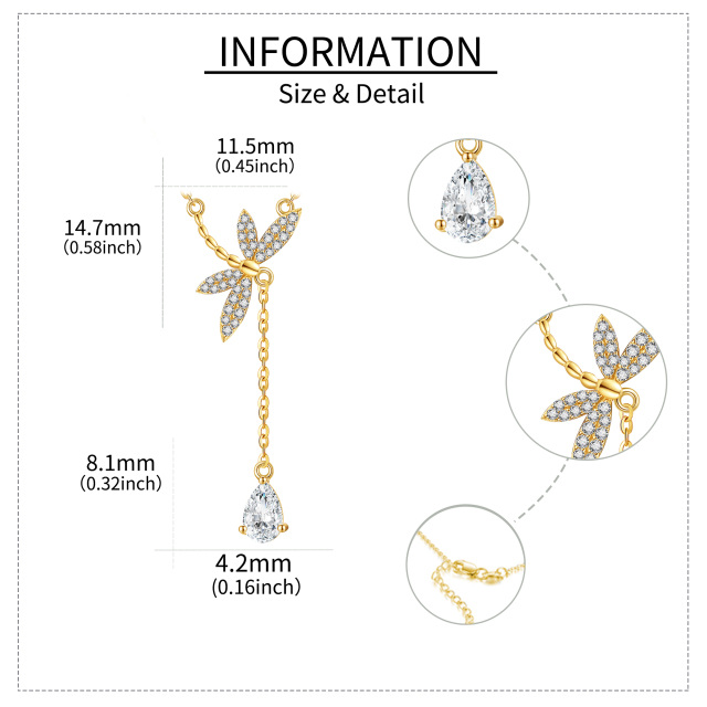 Colar em Y não ajustável de libélula de cristal de ouro 14K-5