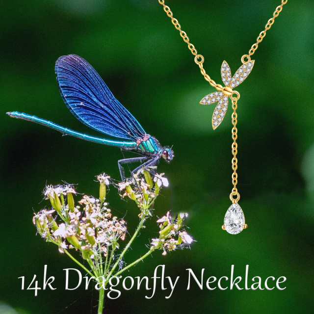 14K Gold Crystal Dragonfly Non-adjustable Y-Necklace-6