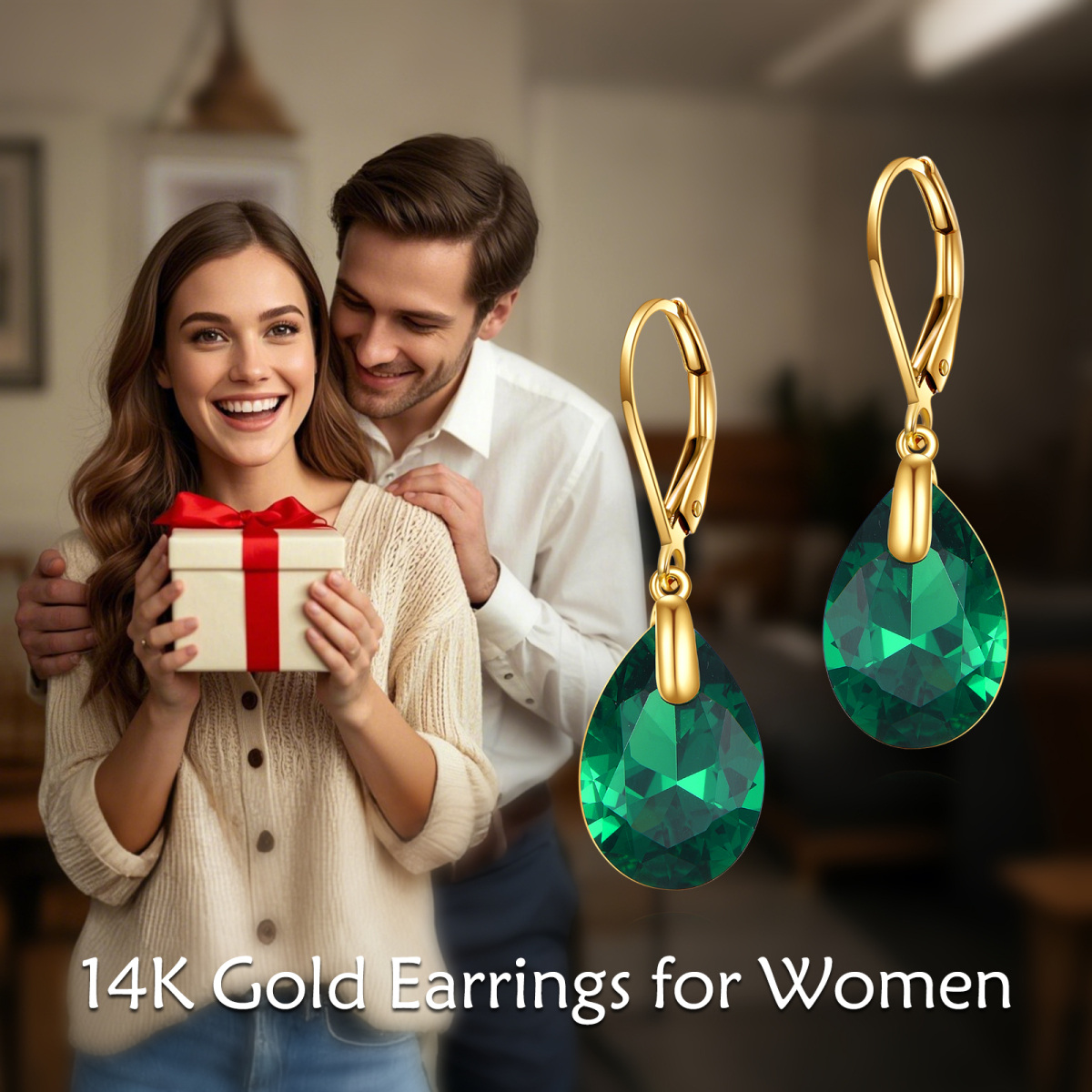 10K Gold Crystal Drop Shape Drop Earrings-6