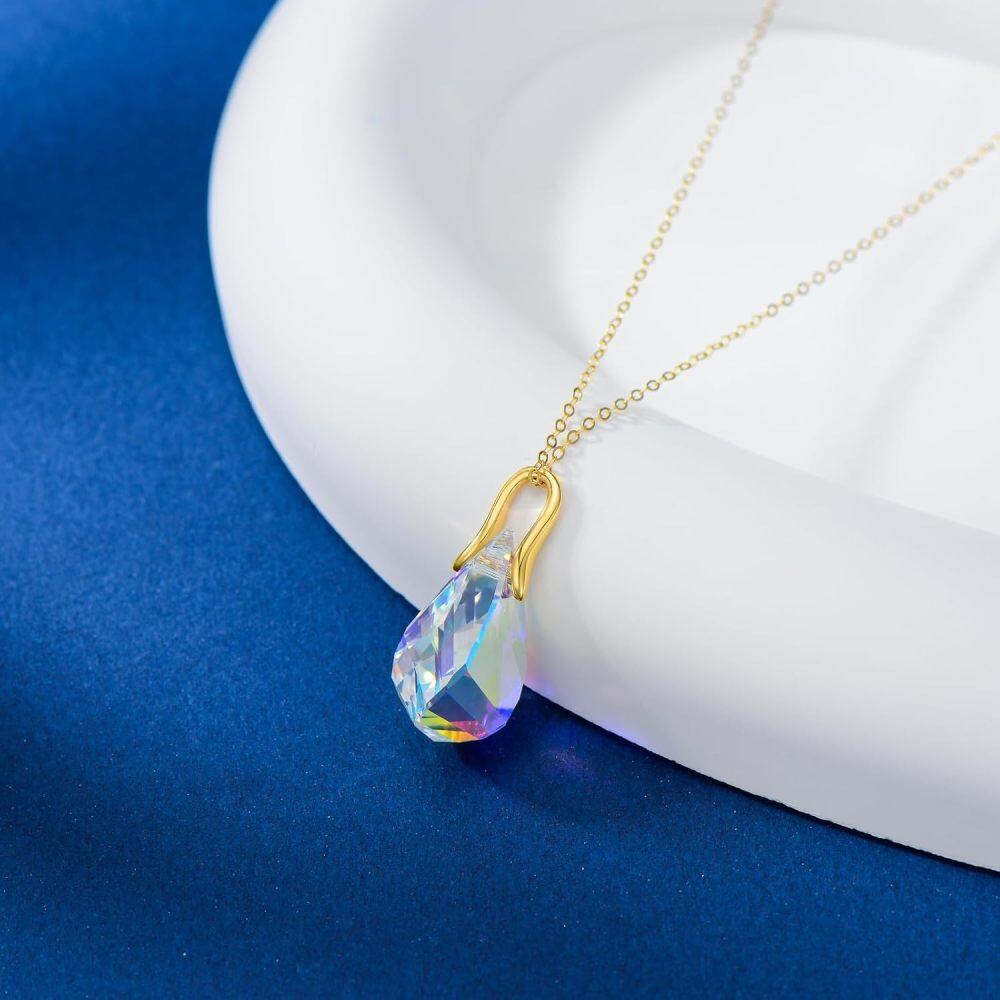 10K Gold Crystal Drop Shape Pendant Necklace-3