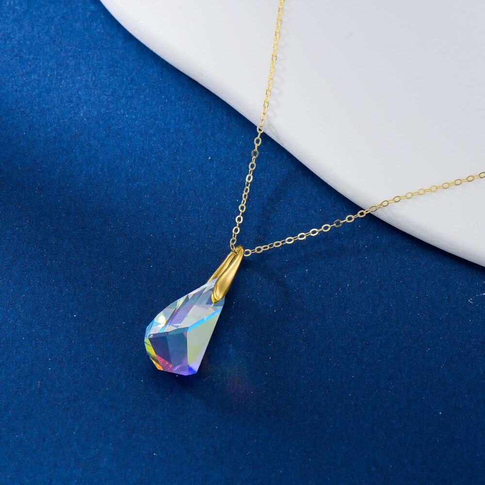 10K Gold Crystal Drop Shape Pendant Necklace-4