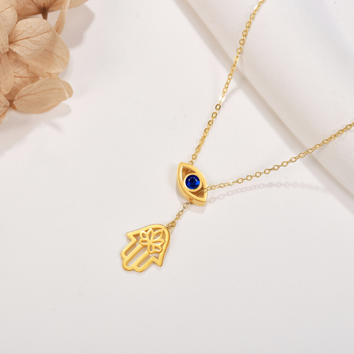 10K Gold Crystal Evil Eye Adjustable Y Necklace-3