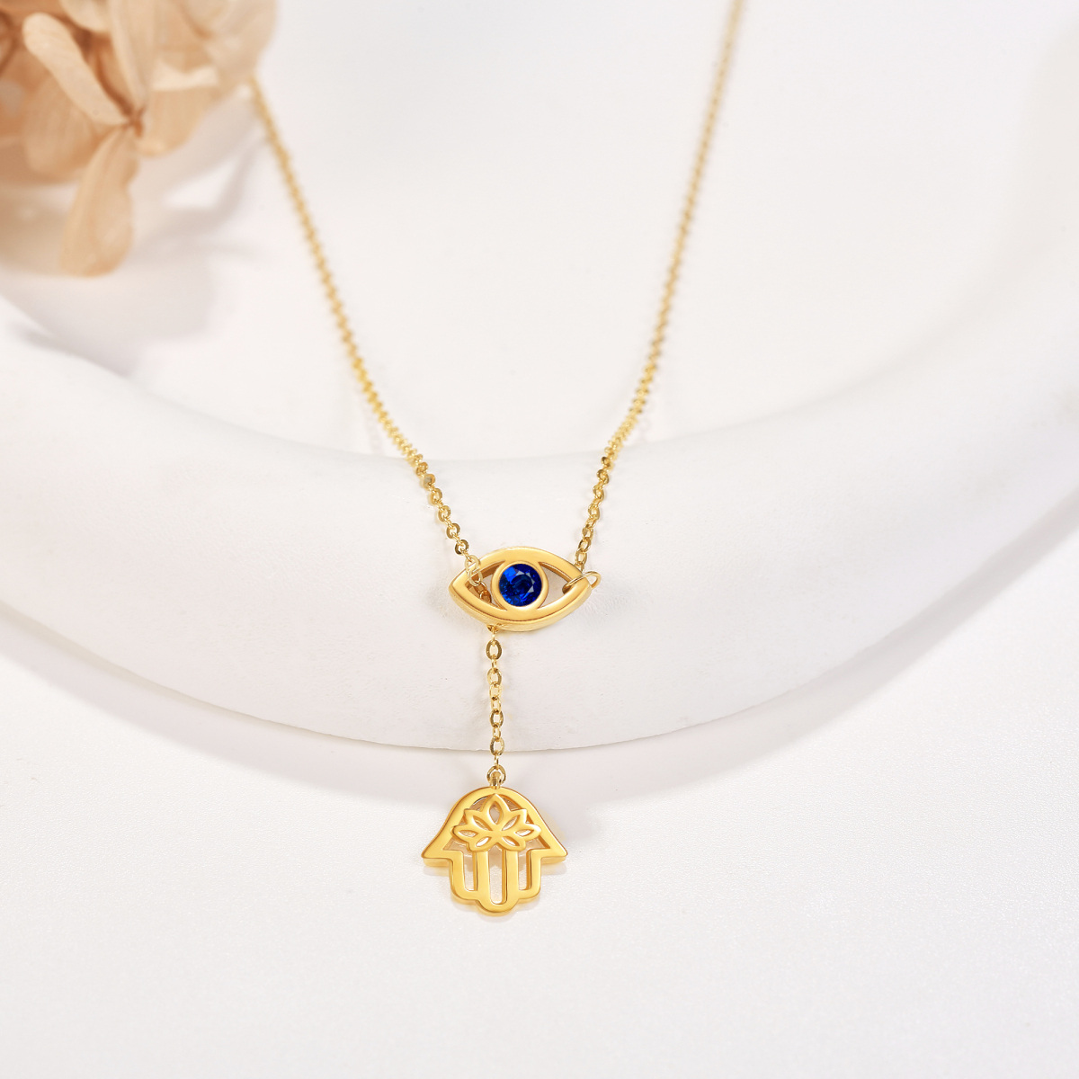 10K Gold Crystal Evil Eye Adjustable Y Necklace-4