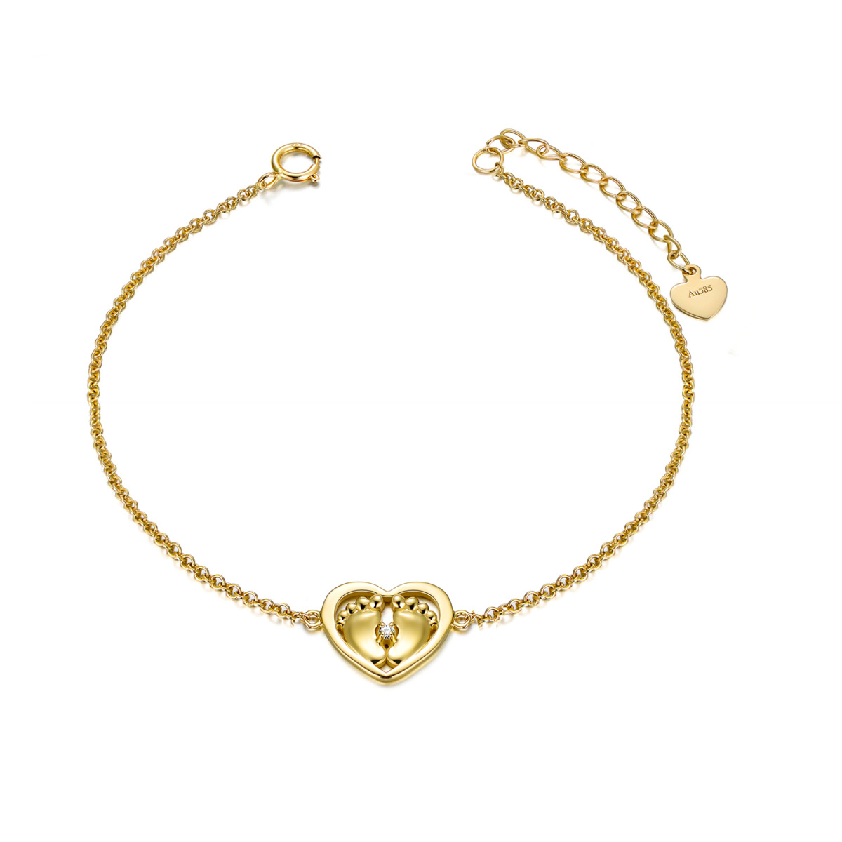 14K Gold Crystal Footprints & Heart Charm Bracelet-1