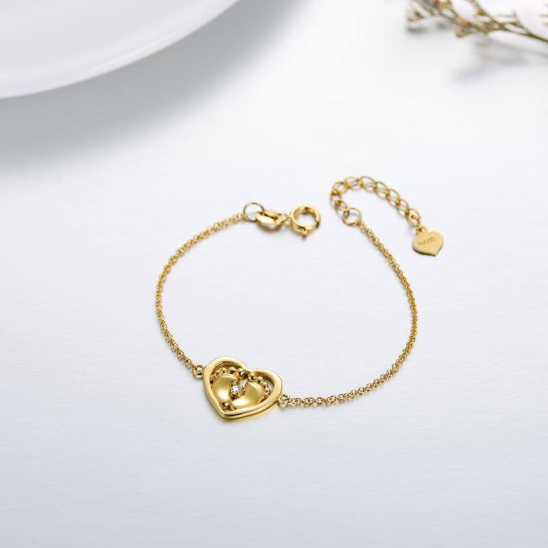10K Gold Crystal Footprints & Heart Charm Bracelet-4