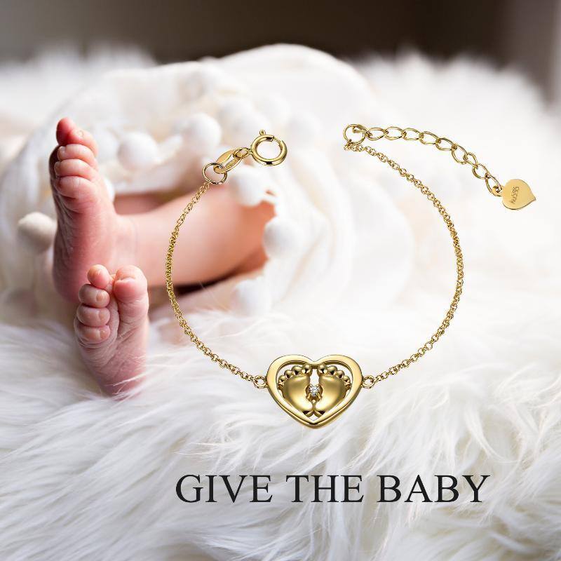 10K Gold Crystal Footprints & Heart Charm Bracelet-5