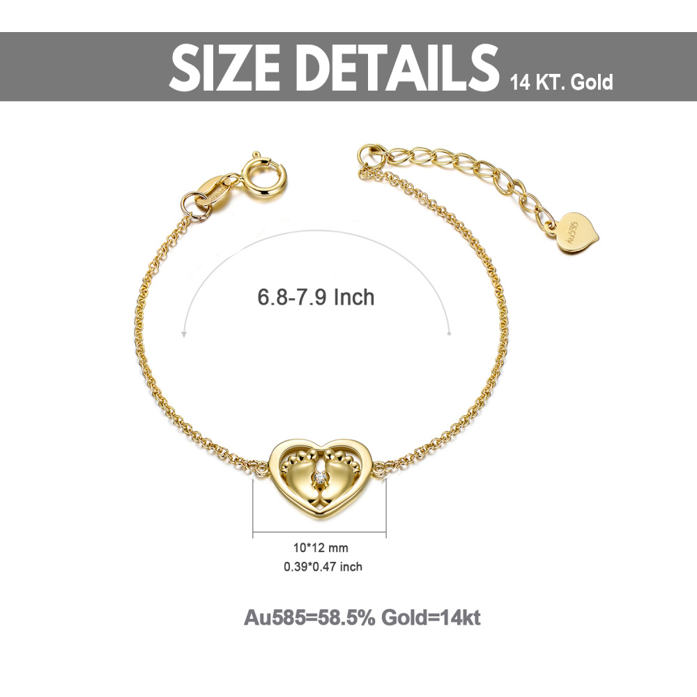 Pulsera de oro de 10 quilates con colgante de corazón y huellas de cristal-6
