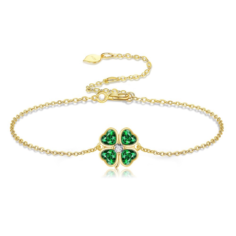 Bracelet pendentif trèfle à quatre feuilles en cristal d'or 14 carats et zircone cubique-1