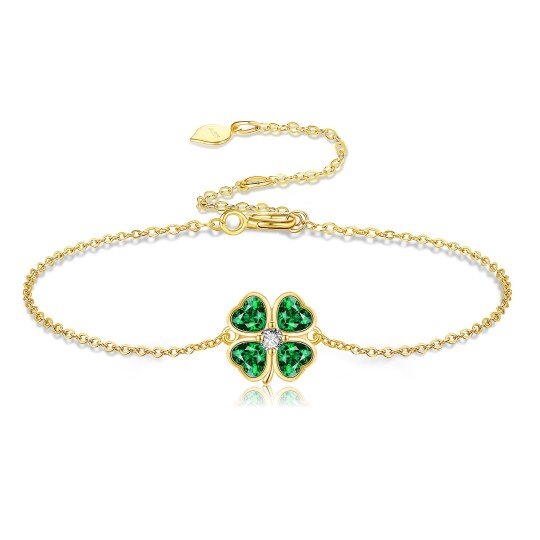 10K Gold Crystal & Cubic Zirconia Four Leaf Clover Charm Bracelet-1