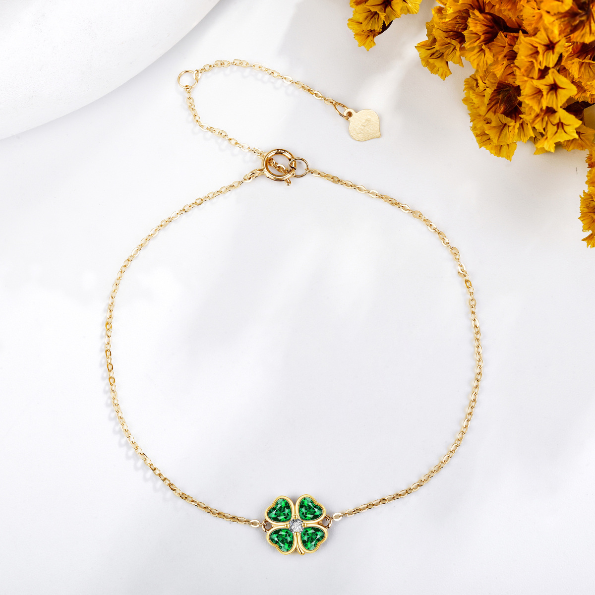 10K Gold Crystal & Cubic Zirconia Four Leaf Clover Charm Bracelet-5