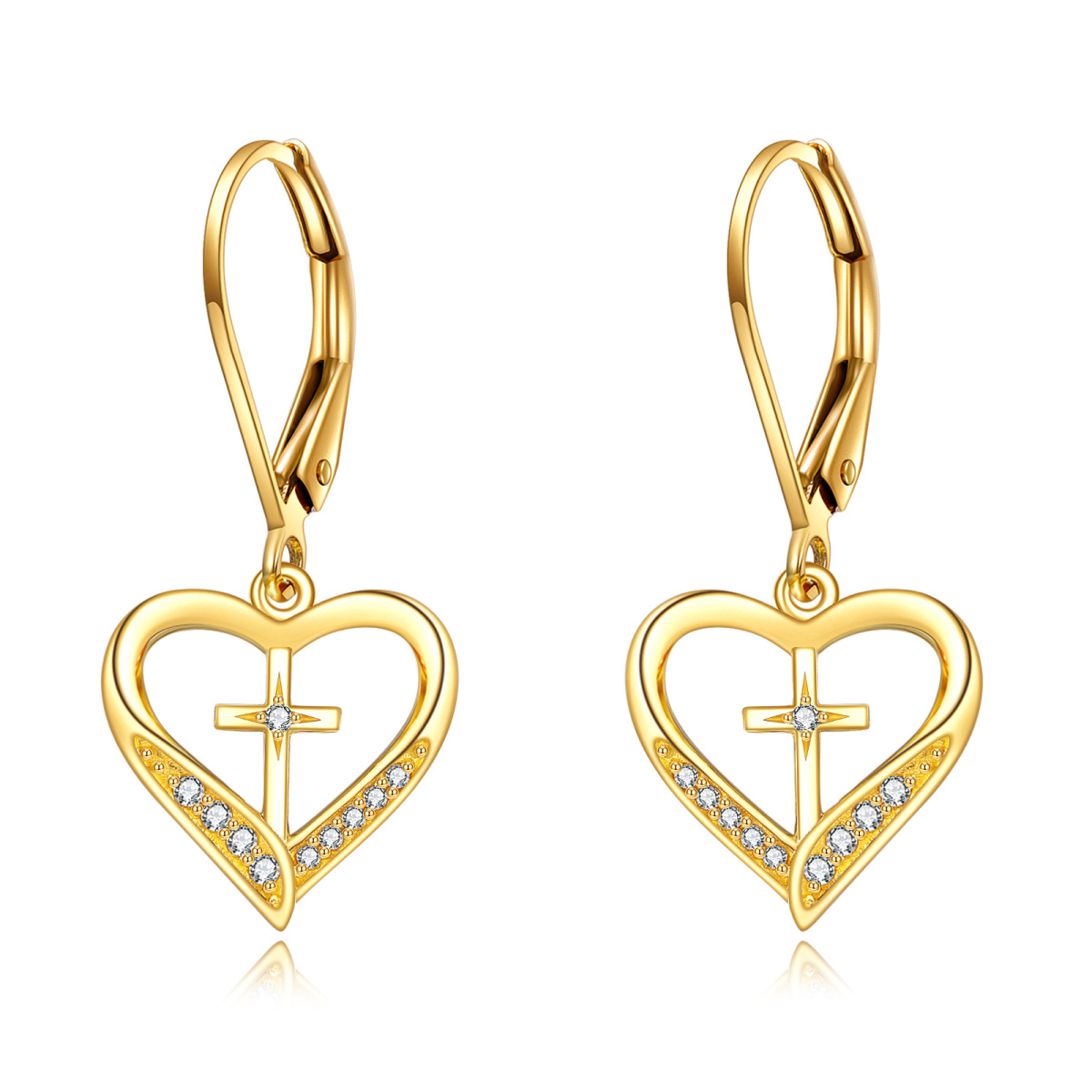 10K Gold Crystal Heart Drop Earrings-1