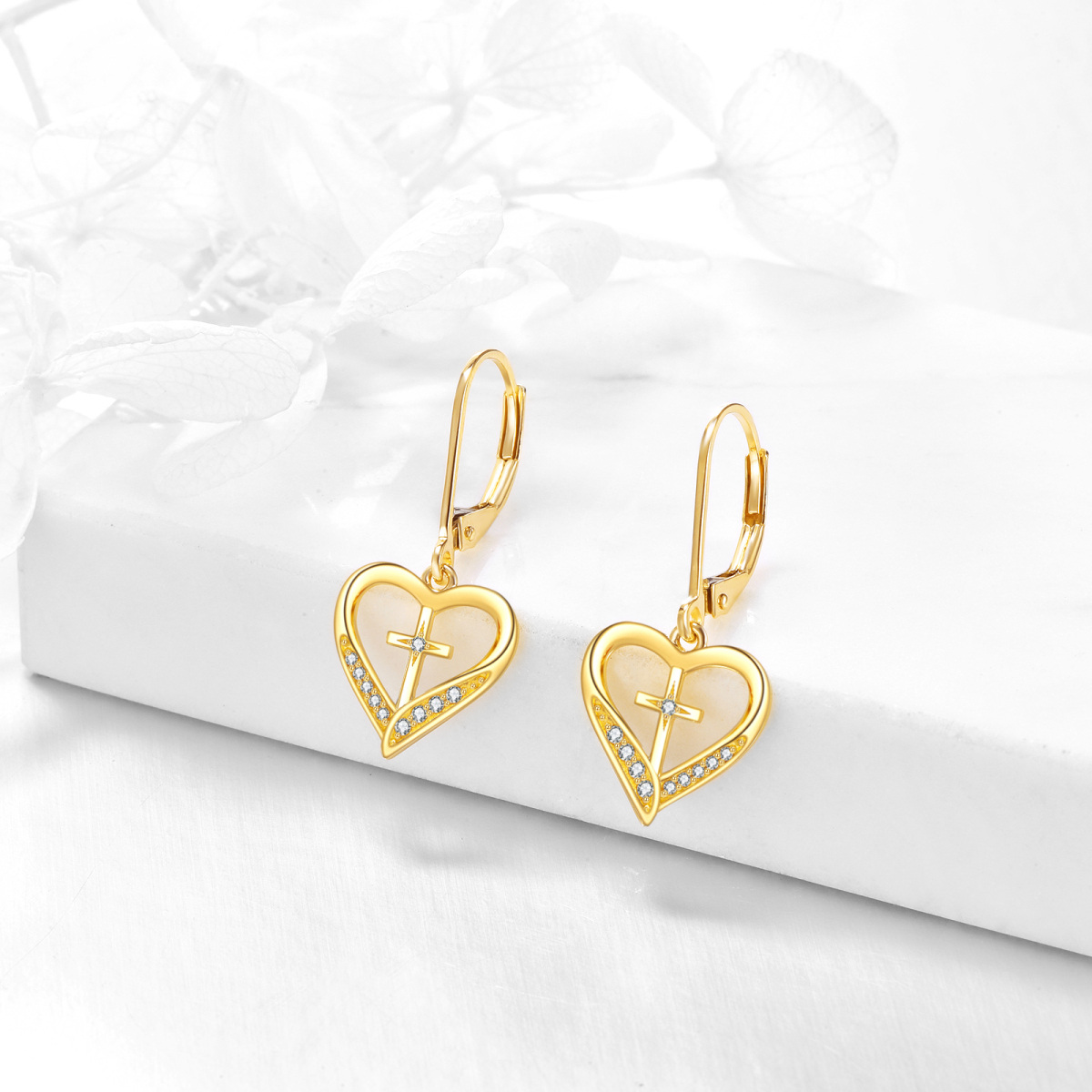 10K Gold Crystal Heart Drop Earrings-3