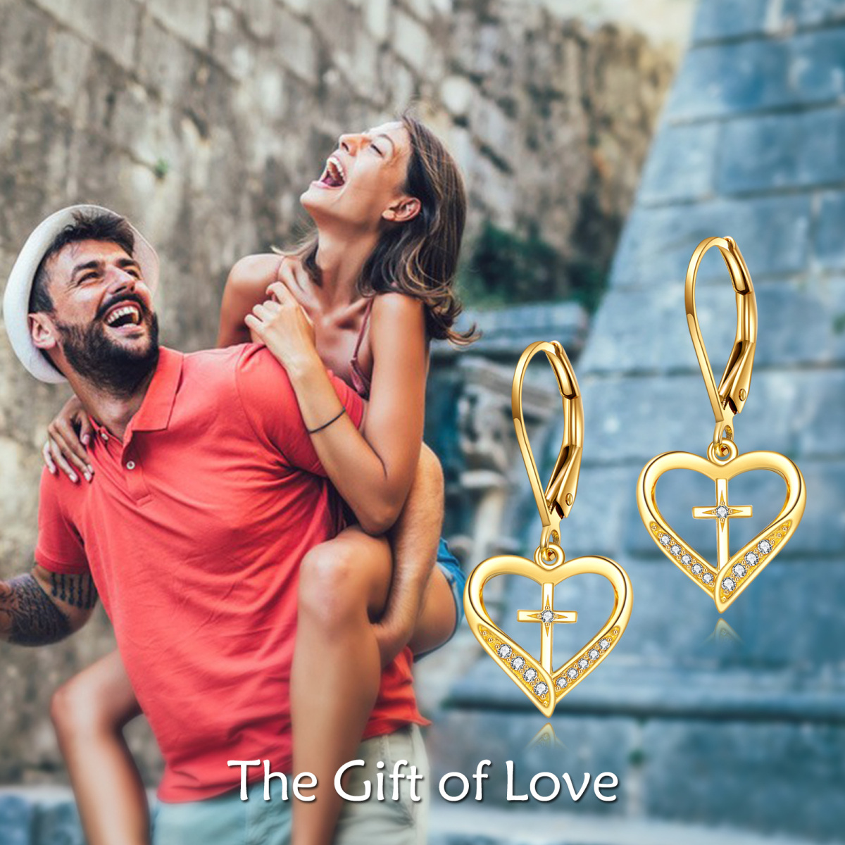 10K Gold Crystal Heart Drop Earrings-6