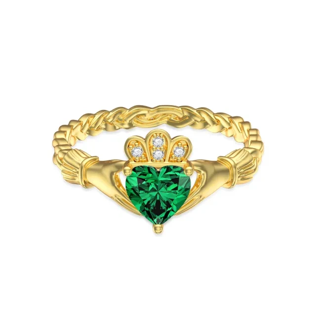 Anello con cuore e mani tese in cristallo d'oro 14K