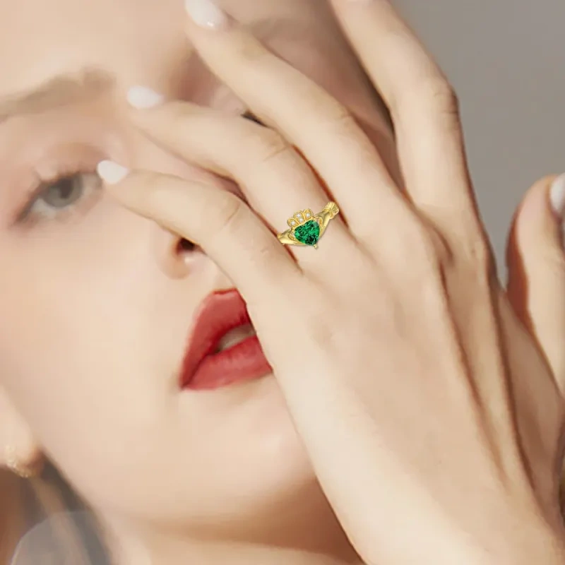 10K Gouden Kristallen Hart & Handen Houden Ring-2