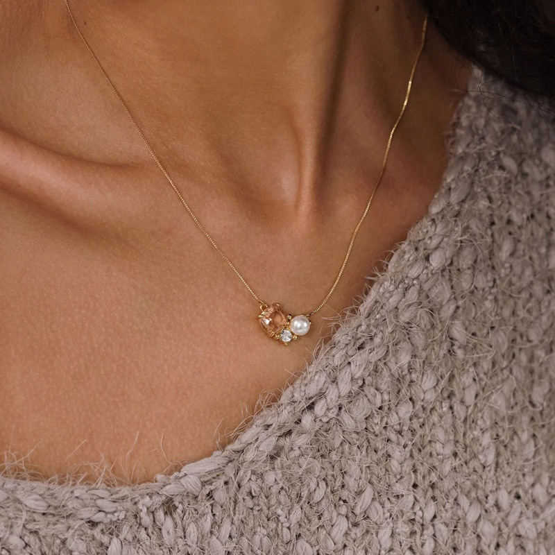 14K-Gold-Kristall- & Labor-Diamant- & Perlenanhänger-Halskette-2