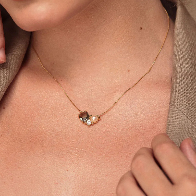 14K-Gold-Kristall- & Labor-Diamant- & Perlenanhänger-Halskette-3