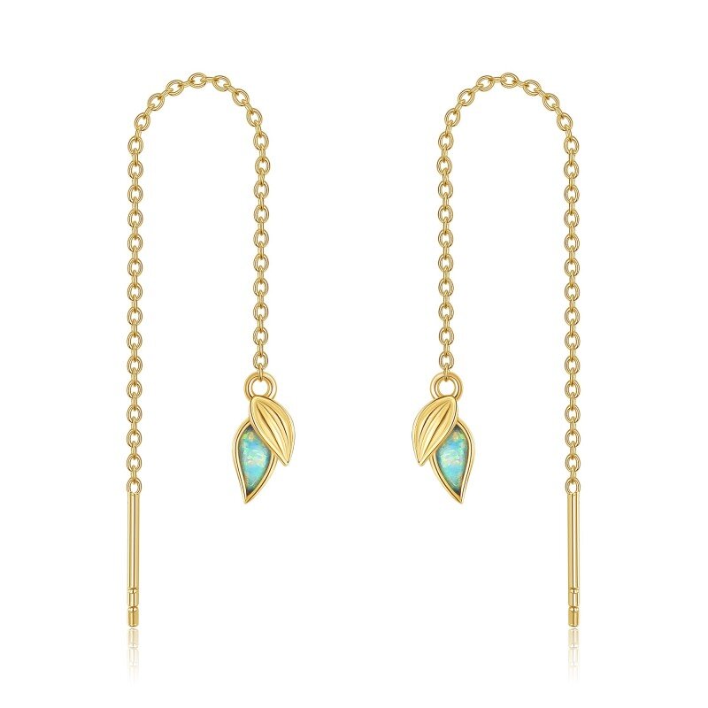 14K Gold Crystal Leaves Drop Earrings-1