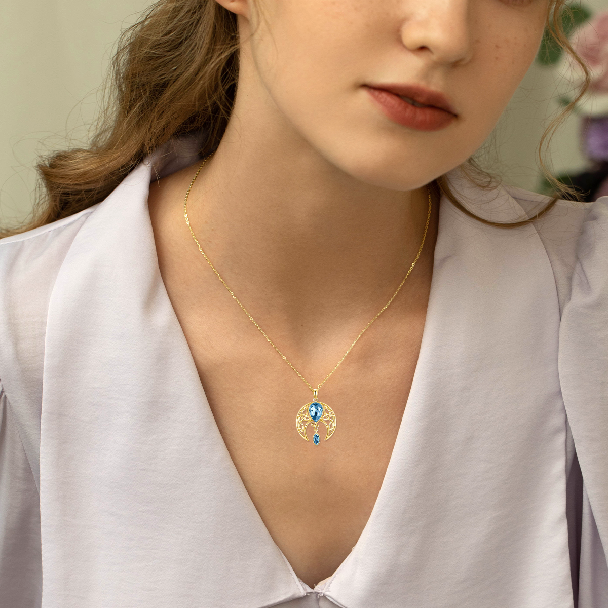 10K Gold Crystal Moon Pendant Necklace-2