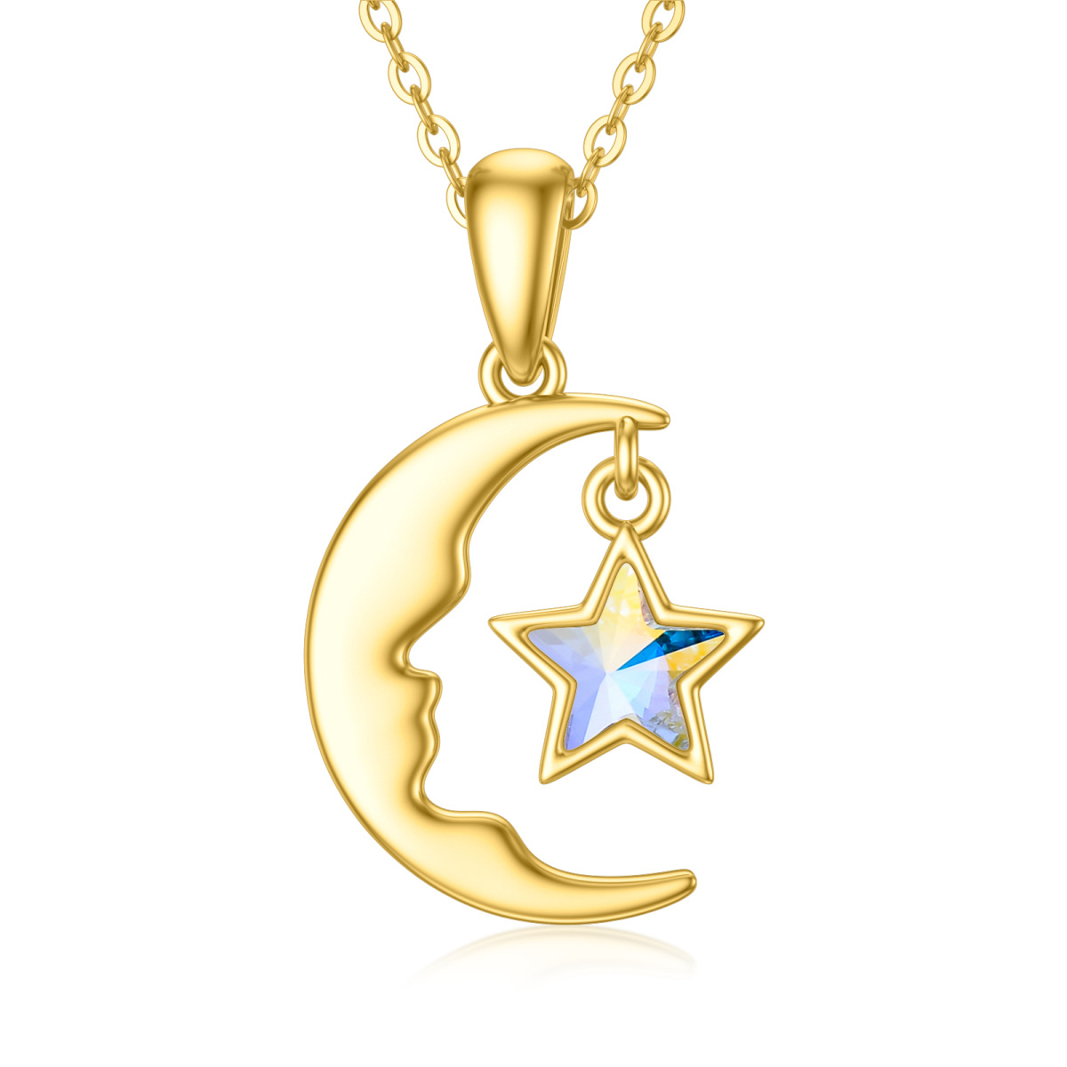 10K Gold Crystal Moon & Star Pendant Necklace-1