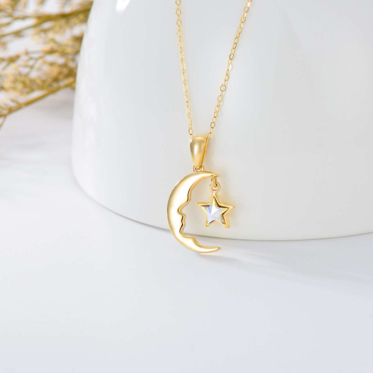 10K Gold Crystal Moon & Star Pendant Necklace-3