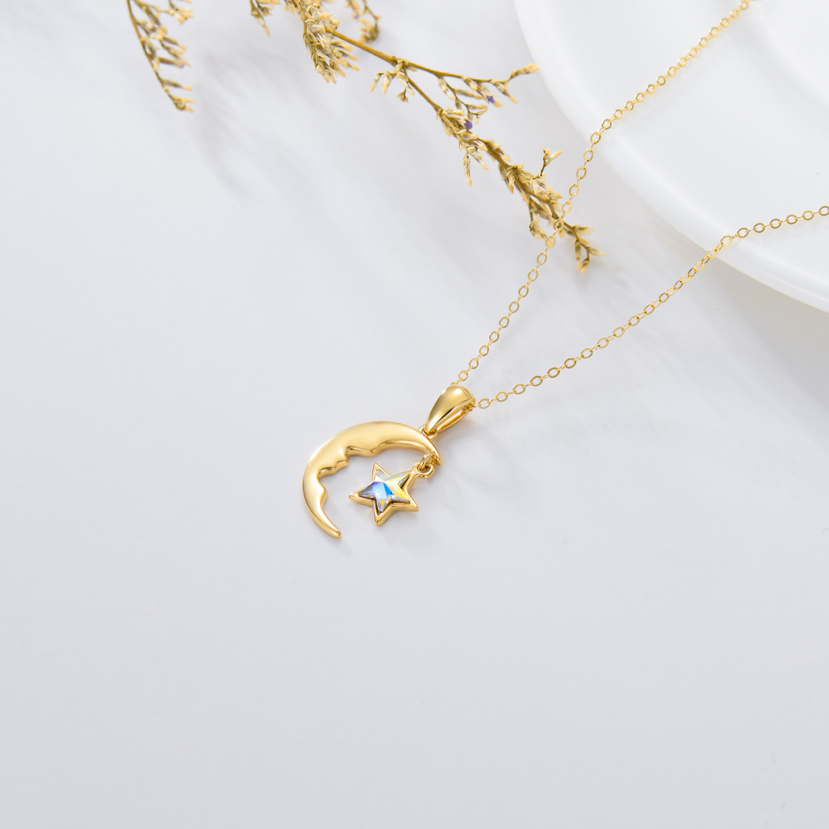 10K Gold Crystal Moon & Star Pendant Necklace-4