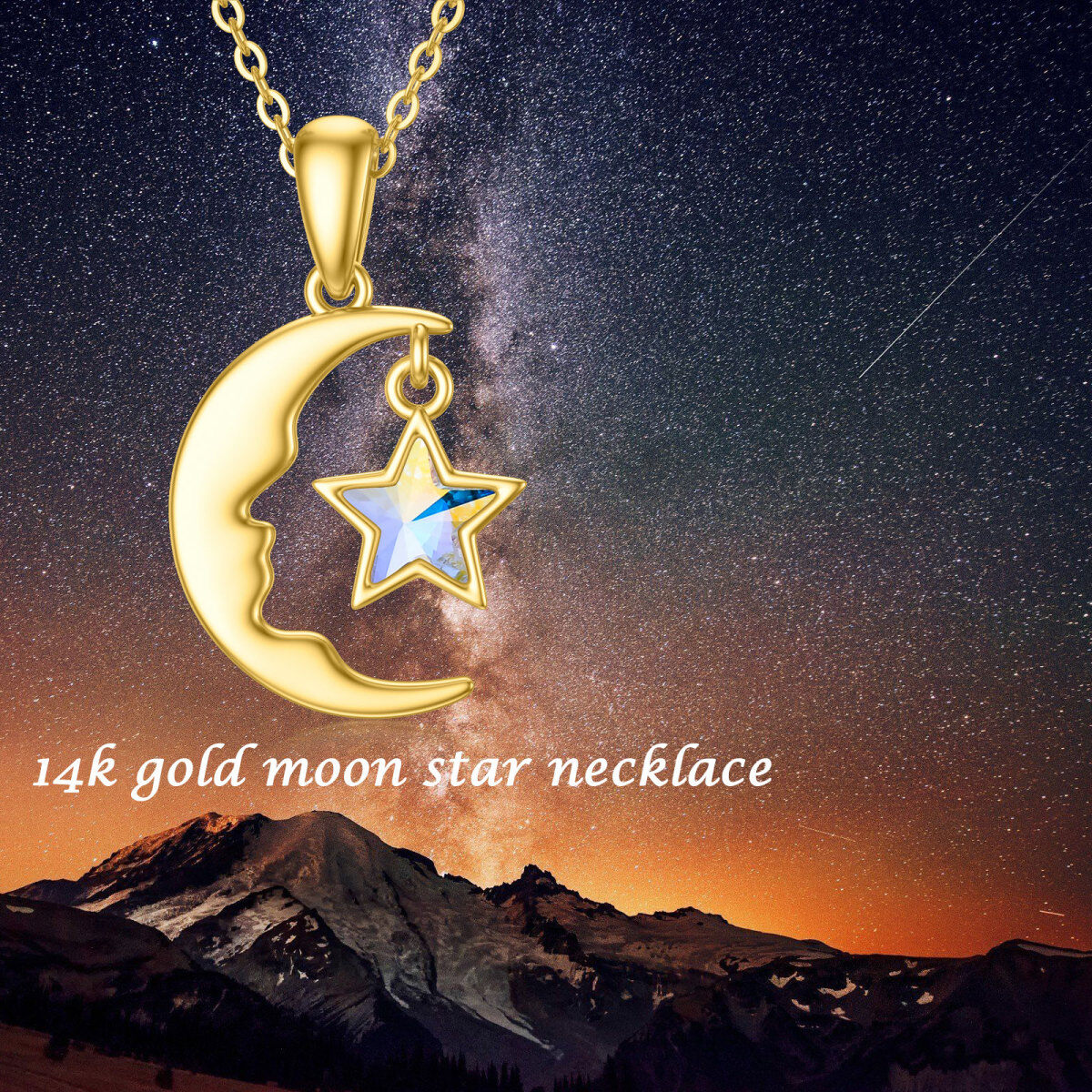 10K Gold Crystal Moon & Star Pendant Necklace-5