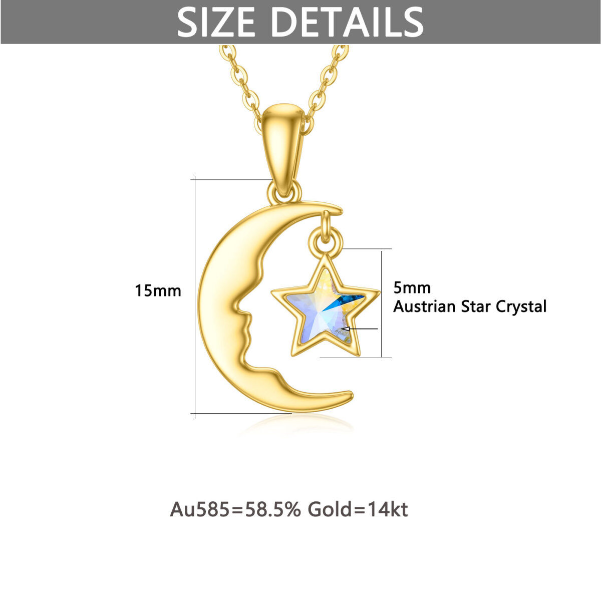 Colar com pingente de lua e estrela em cristal de ouro 14K-6