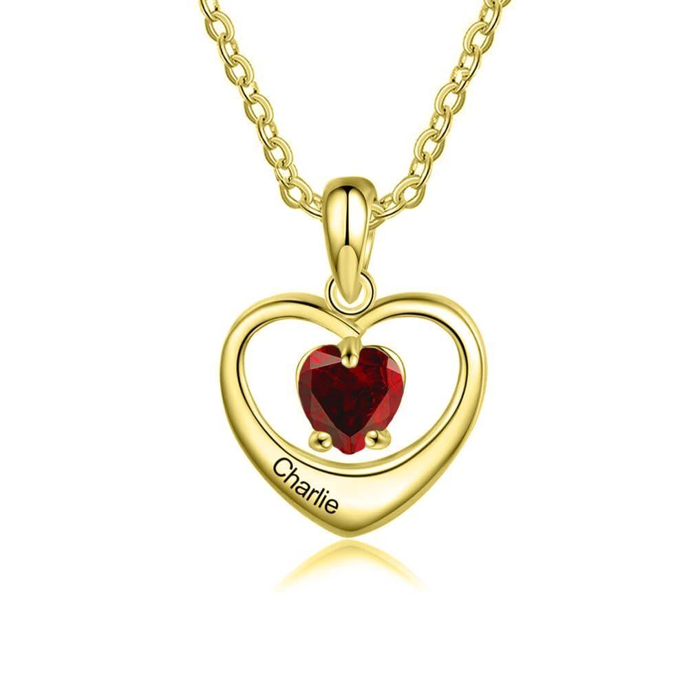 14K Gold Crystal Personalized Birthstone Name With Heart Pendant Necklace-1