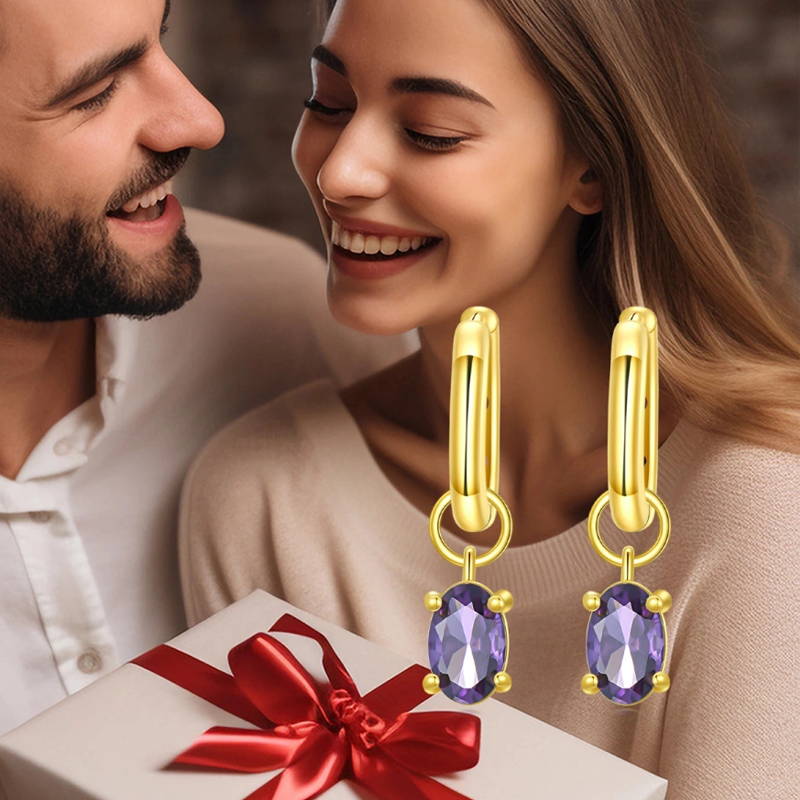 14K Gold Crystal Personalized Birthstone Oval Drop Earrings for Women-6