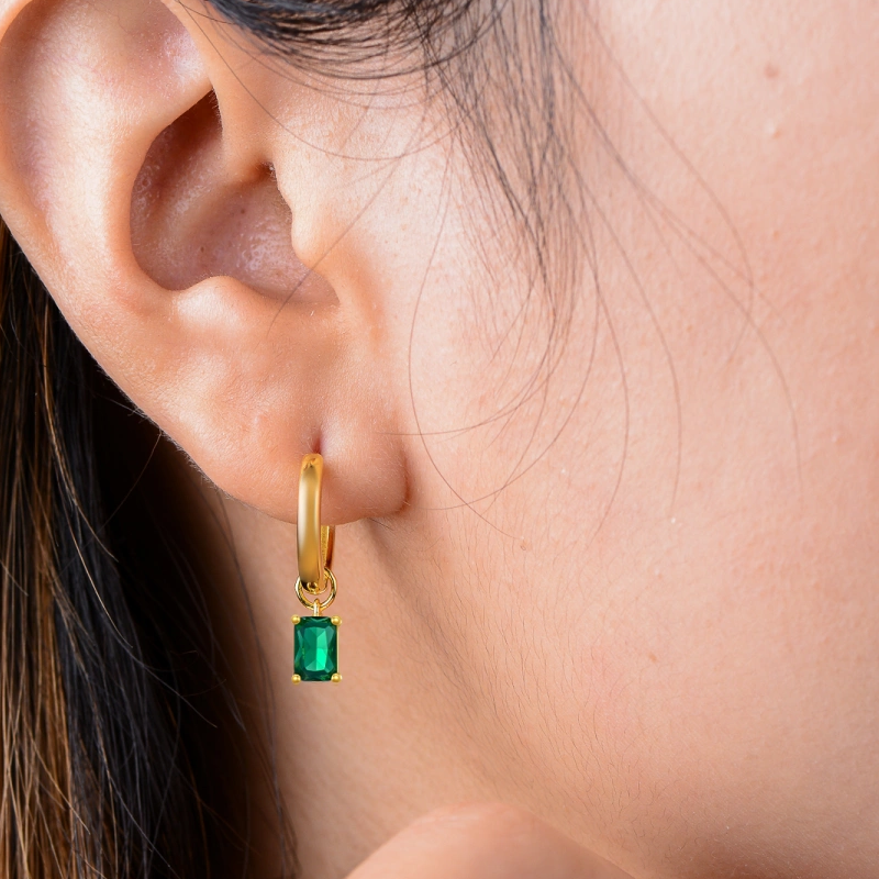 10K Gold Crystal Personalized Birthstone Square Drop Earrings for Women-2