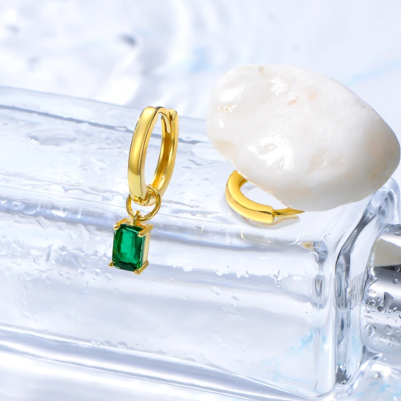 10K Gold Crystal Personalized Birthstone Square Drop Earrings for Women-3