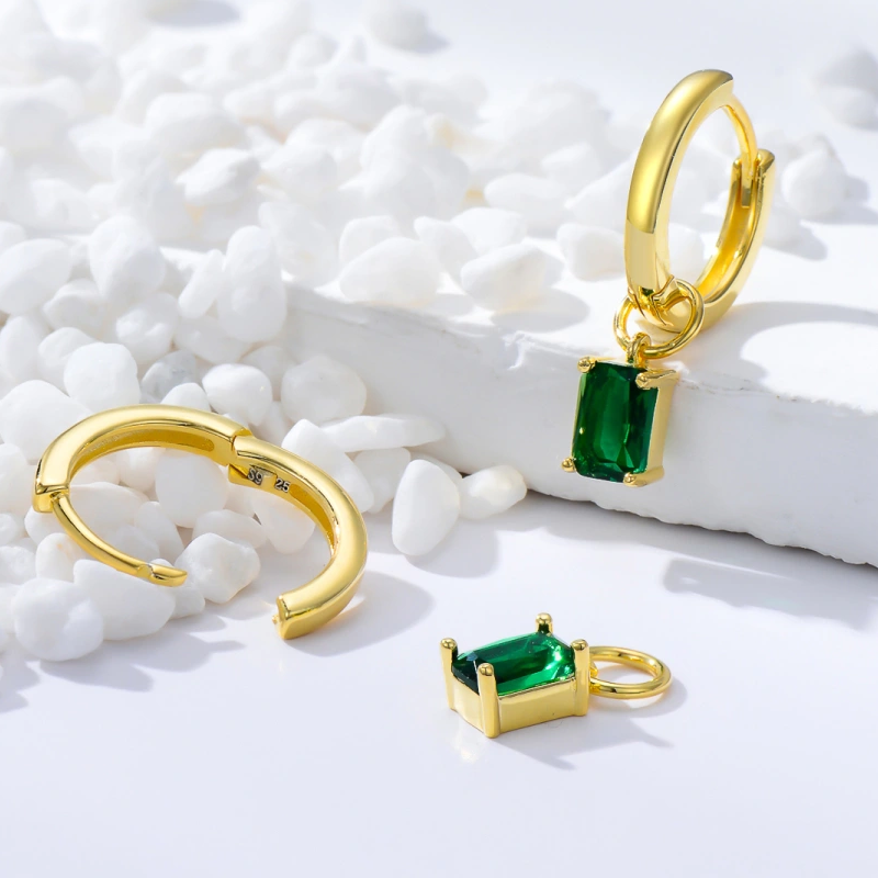 10K Gold Crystal Personalized Birthstone Square Drop Earrings for Women-4