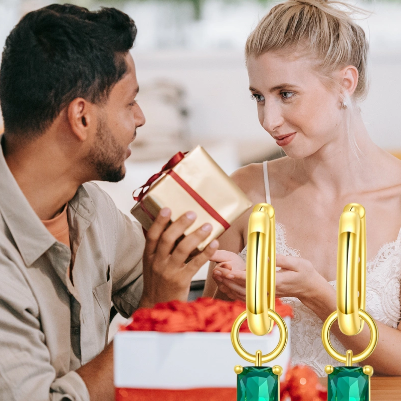 Pendientes colgantes cuadrados con piedra natal personalizada de oro de 10 quilates y cristales para mujer-6