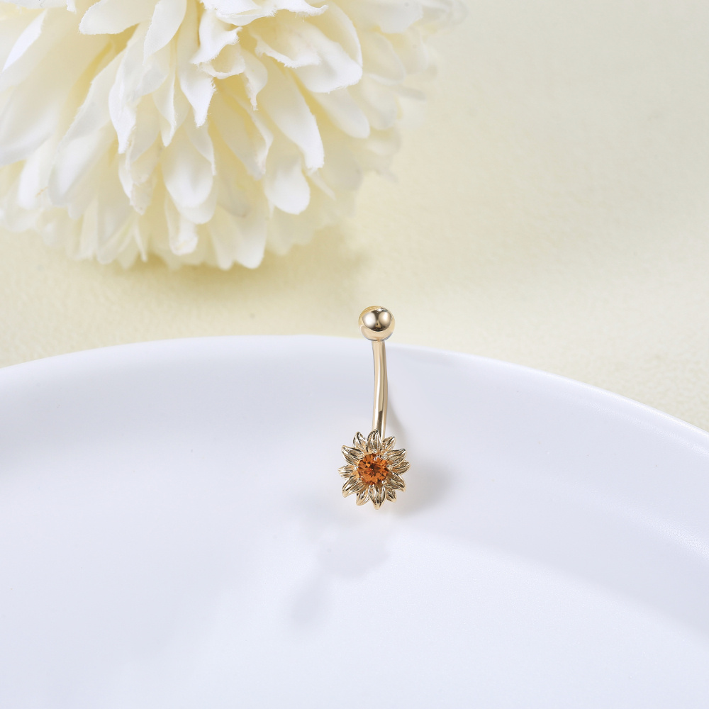 10K Gold Crystal Sunflower Belly Button Ring-4