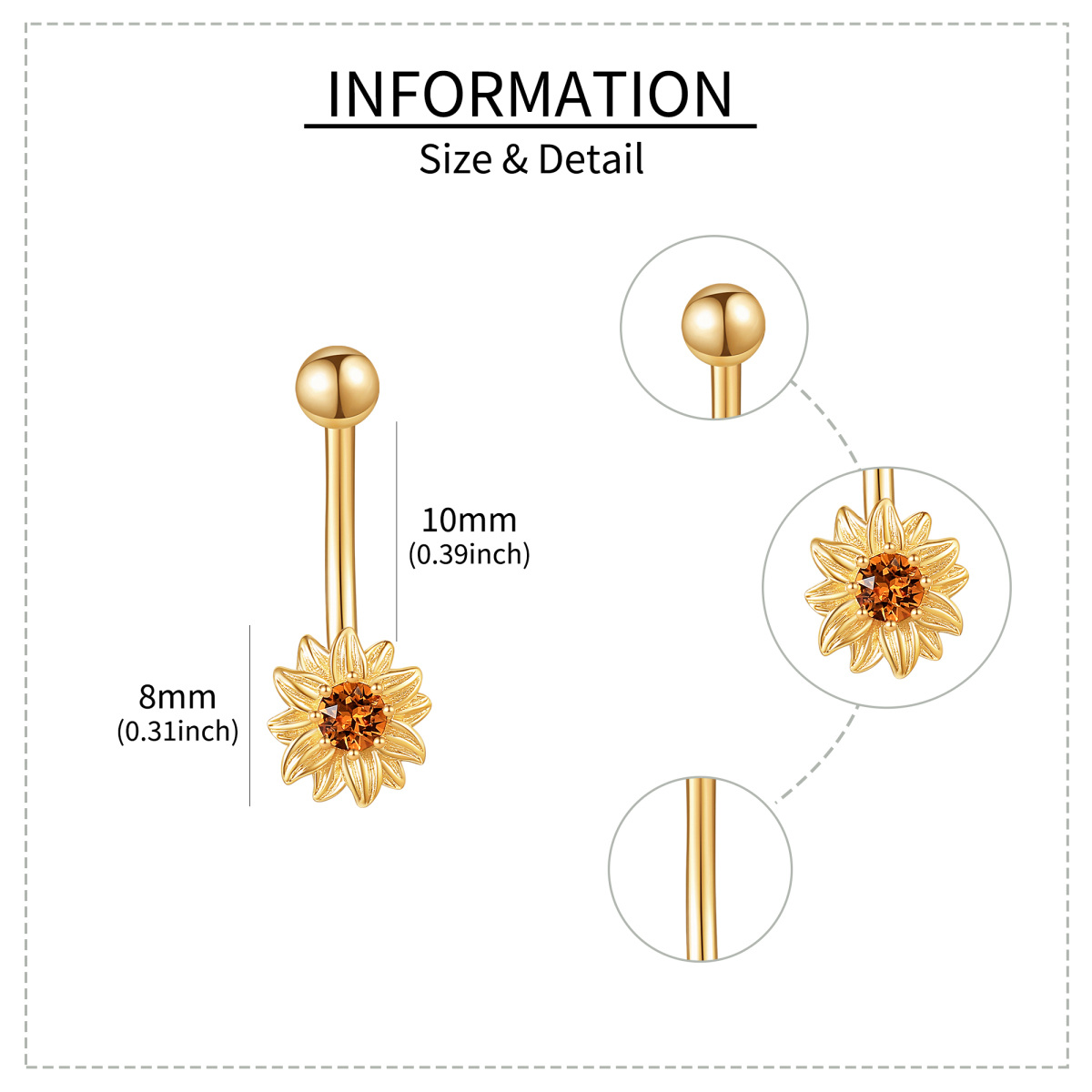 Anillo para ombligo de girasol con cristal de oro de 14 quilates-5