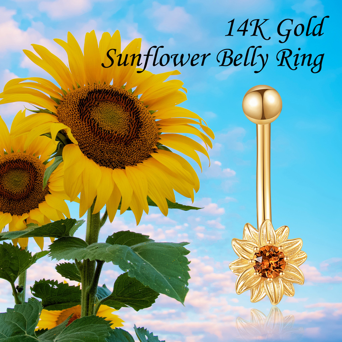 10K Gold Crystal Sunflower Belly Button Ring-6